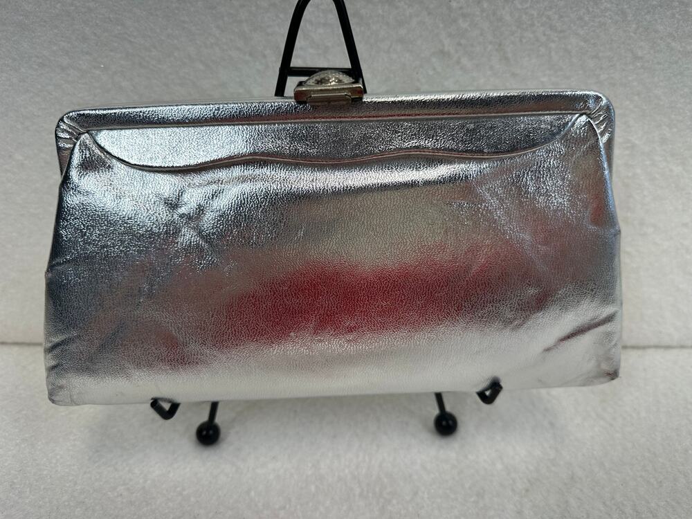 Vintage Silver Metallic Clutch Purse with Chain Strap & MCM Snap Closure